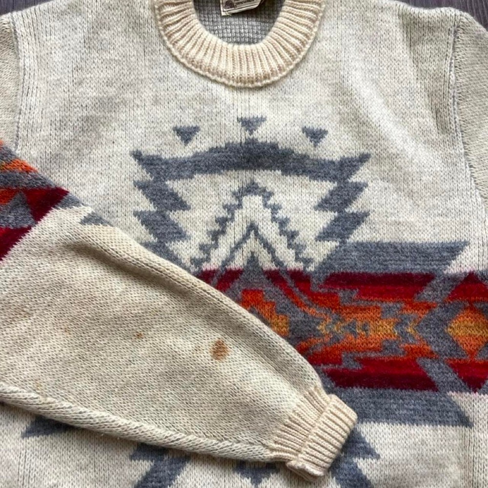 Vintage Pendleton Aztec Pattern Wool Knit Heavyweight Sweater Mens Large Cream - Picture 7 of 8